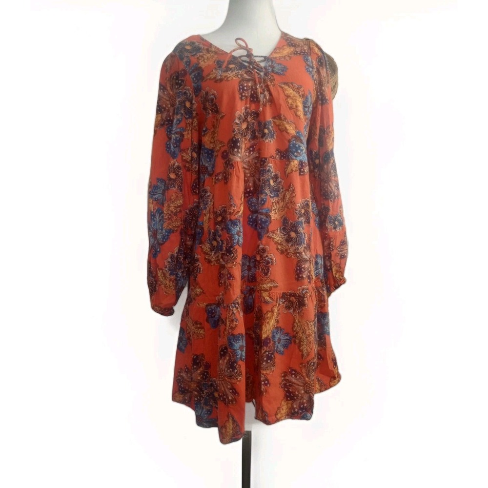 Old Navy Dress Sz L Orange Floral Long Sleeve Peasant Hippie Boho Festival